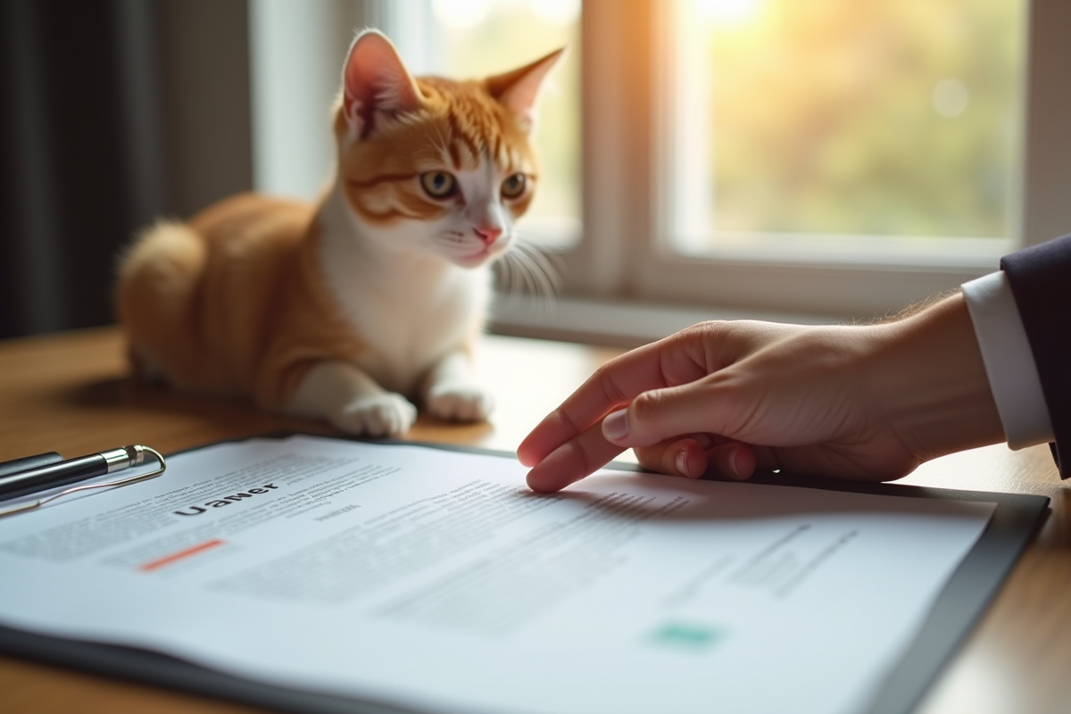Une main soignée touchant un animal domestique avec documents légaux