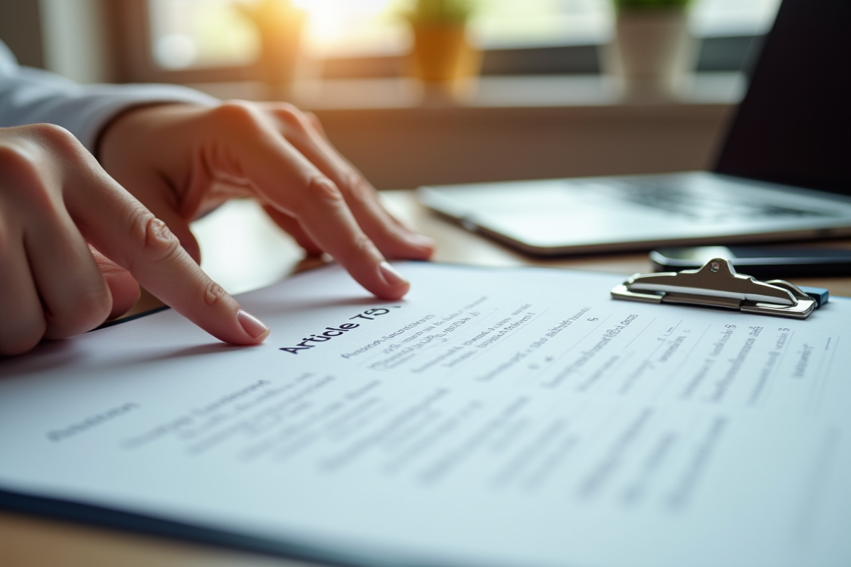 Mains pointant un document juridique Article 7501 sur un bureau lumineux