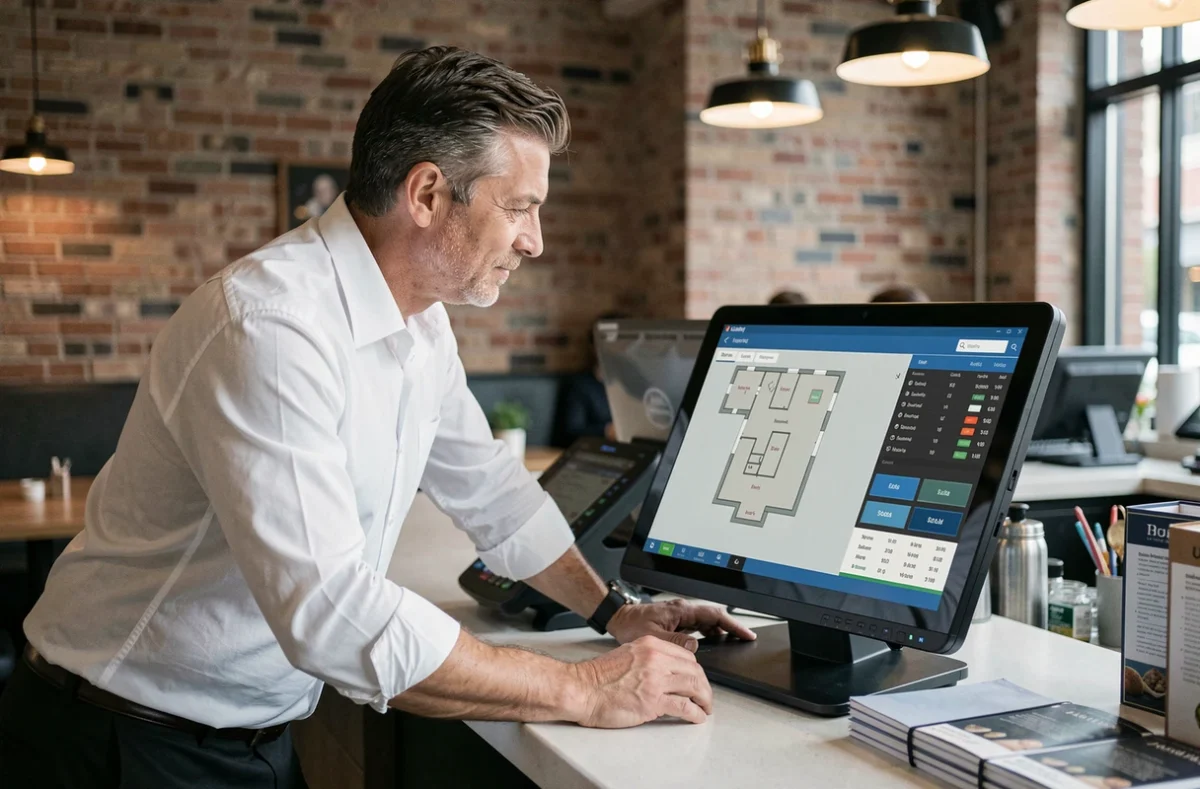 Manager de restaurant consultant un logiciel de caisse et plan de salle sur terminal POS