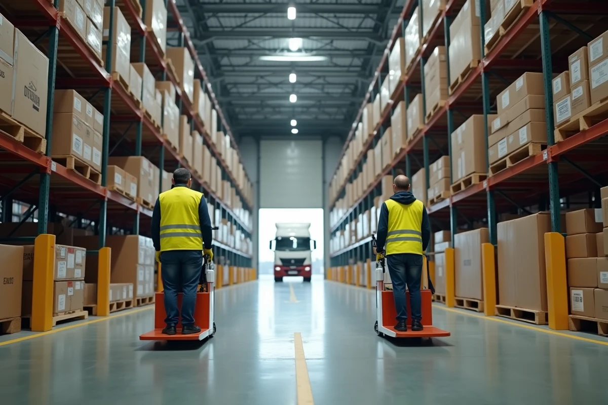 Deux manutentionnaires en gilets de sécurité jaunes déplaçant des palettes de colis dans un grand entrepôt logistique de transport routier