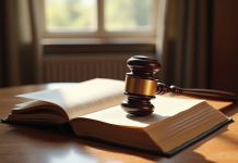 Un marteau de juge et un code civil ouvert sur un bureau en bois