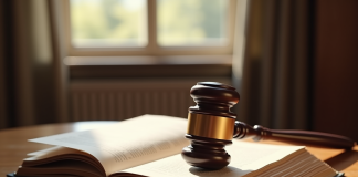 Un marteau de juge et un code civil ouvert sur un bureau en bois