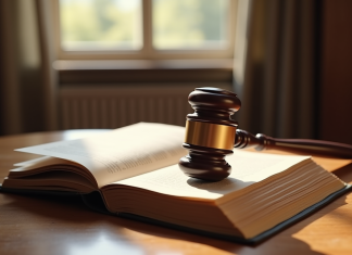 Un marteau de juge et un code civil ouvert sur un bureau en bois