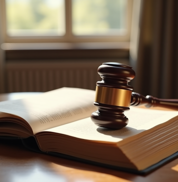 Un marteau de juge et un code civil ouvert sur un bureau en bois