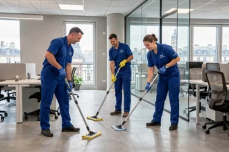 Équipe professionnelle de nettoyage en uniforme bleu travaillant dans un bureau moderne en Île-de-France