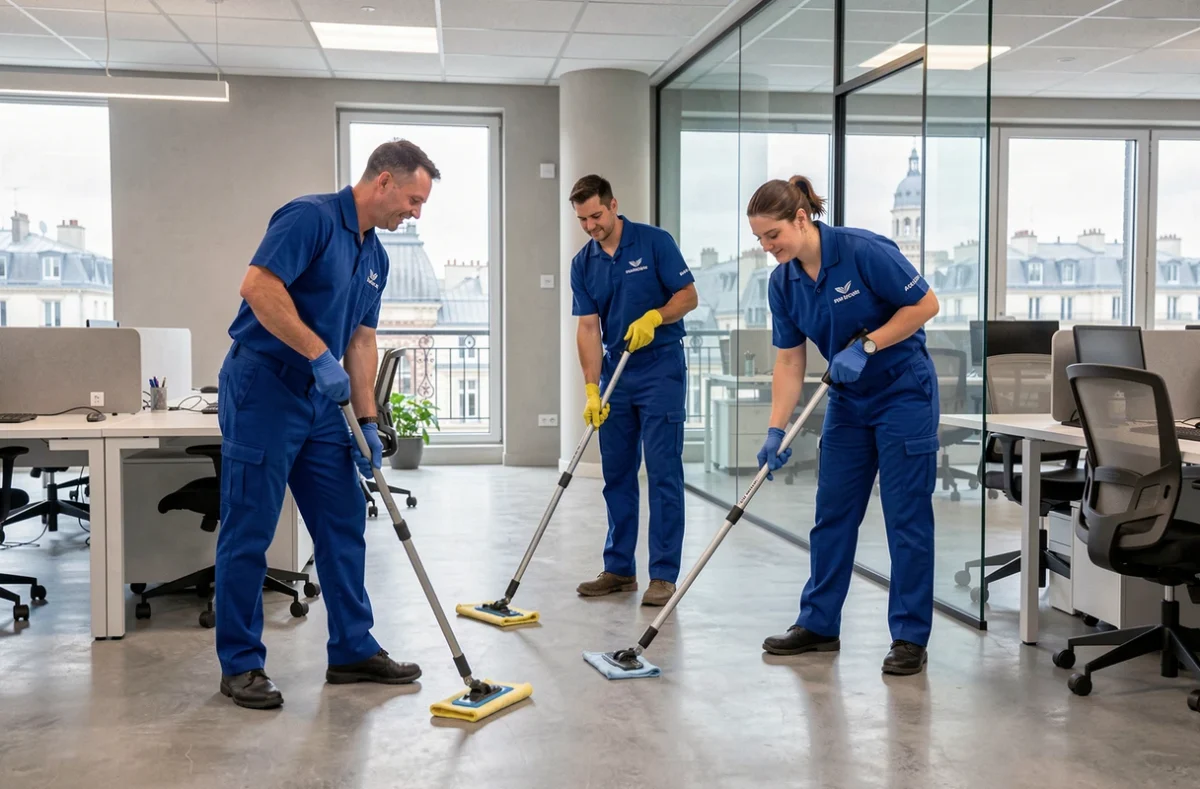 Équipe professionnelle de nettoyage en uniforme bleu travaillant dans un bureau moderne en Île-de-France
