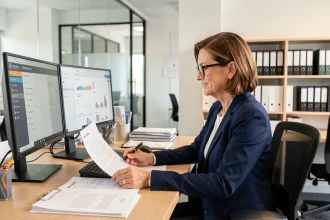 Responsable RH installant un nouveau logiciel de gestion RH sur son poste de travail après un changement de cabinet comptable