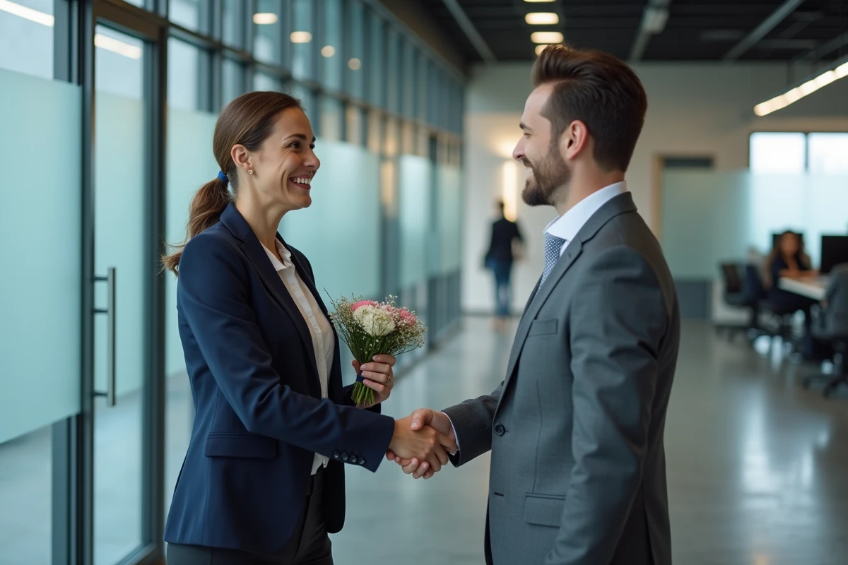Femme recevant des fleurs et une poignée de main chaleureuse lors de son départ en CDI au bureau