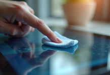 Main nettoyant une empreinte sur un écran tactile lumineux