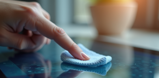 Main nettoyant une empreinte sur un écran tactile lumineux