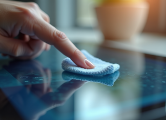 Effacer les empreintes digitales : quel produit choisir pour une effaçage efficace ? Main nettoyant une empreinte sur un écran tactile lumineux