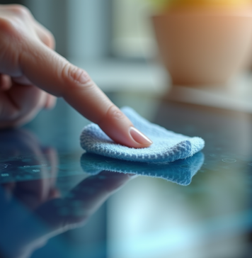 Main nettoyant une empreinte sur un écran tactile lumineux