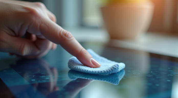 Main nettoyant une empreinte sur un écran tactile lumineux