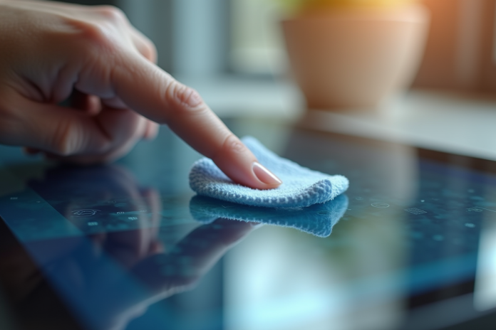 Main nettoyant une empreinte sur un écran tactile lumineux