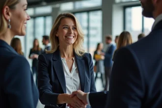Professionnelle échangeant des cartes de visite lors d'un événement de networking B2B en espace de coworking moderne