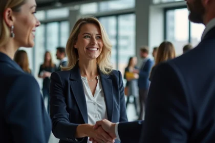 Professionnelle échangeant des cartes de visite lors d'un événement de networking B2B en espace de coworking moderne