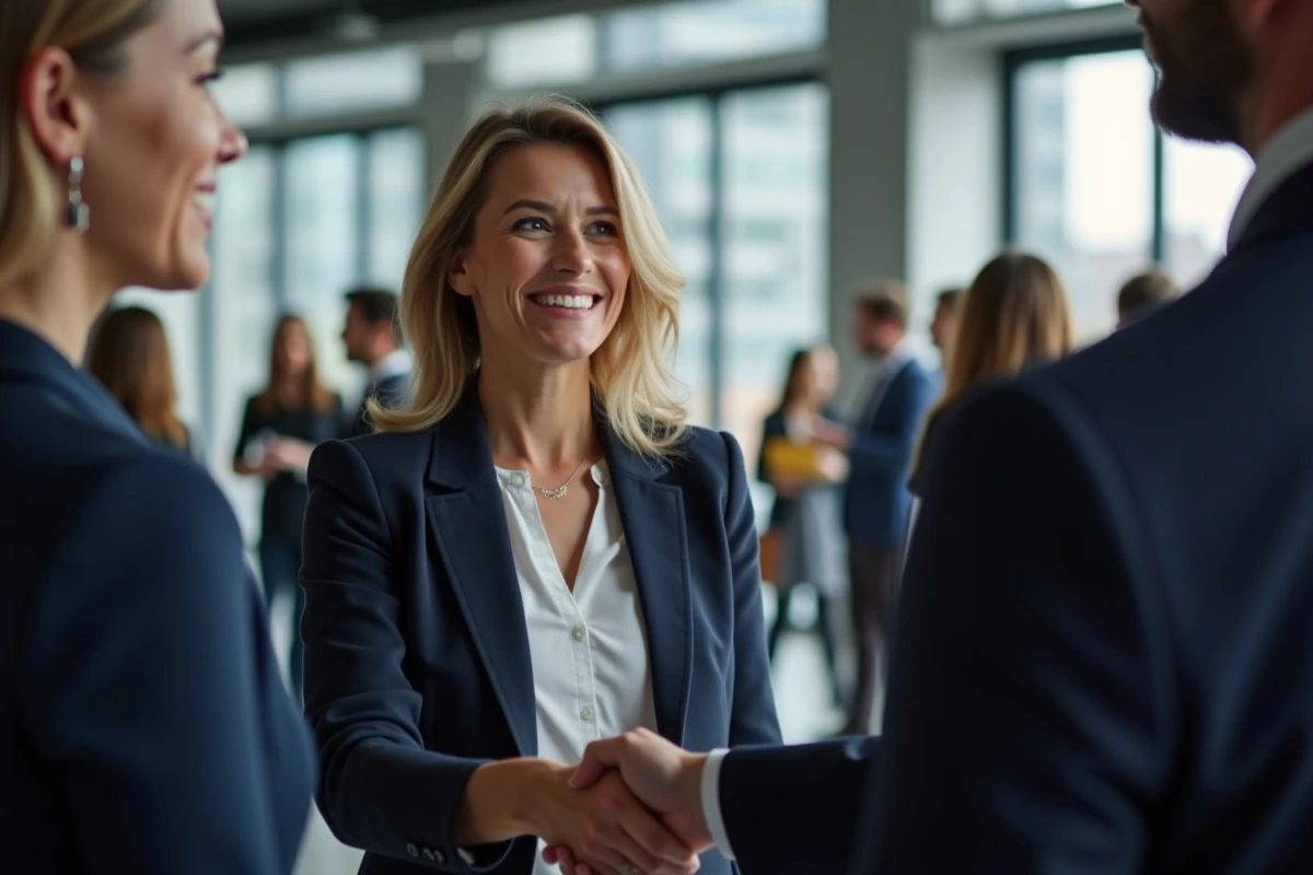 Professionnelle échangeant des cartes de visite lors d'un événement de networking B2B en espace de coworking moderne