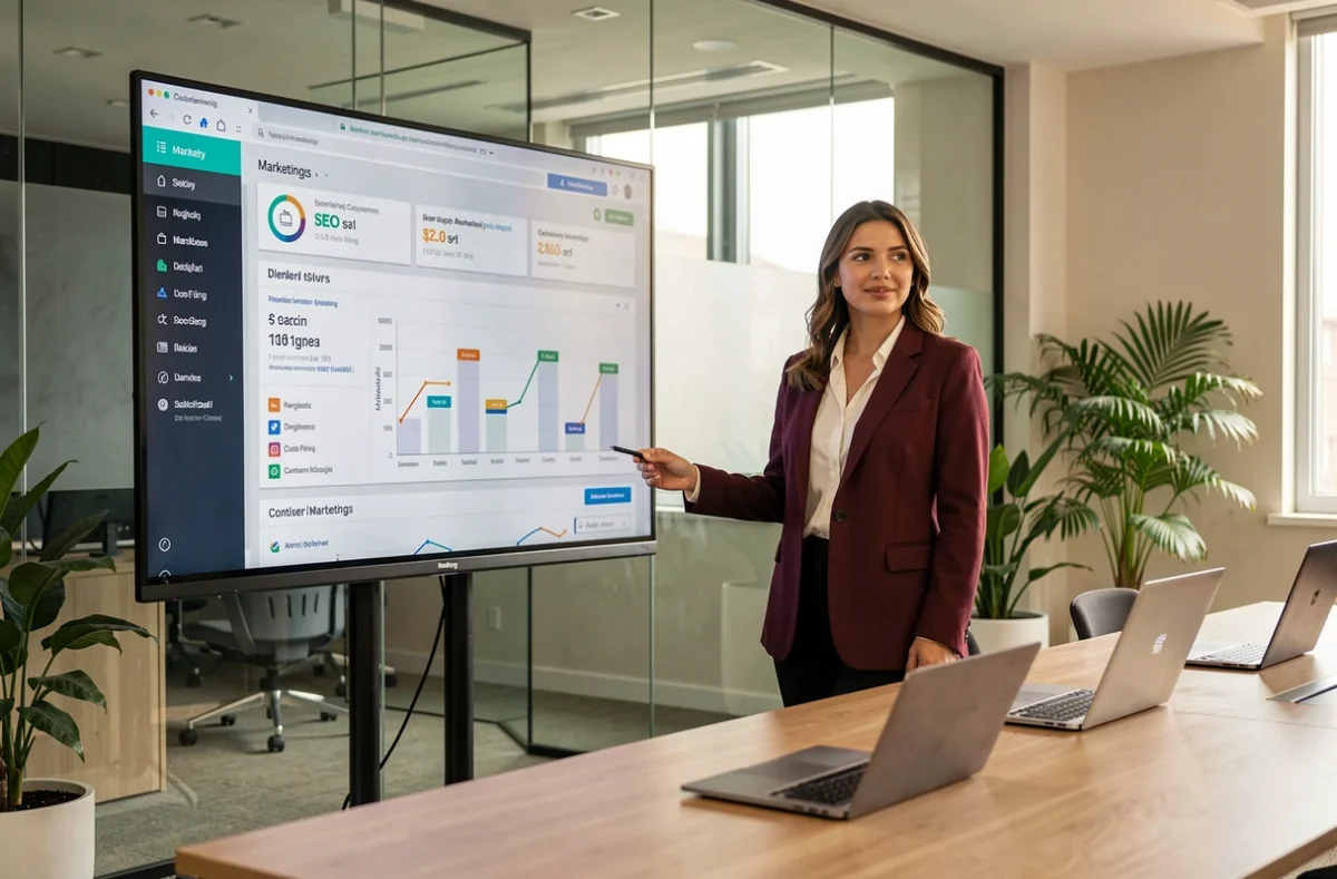 Stratège en marketing digital de l'agence NEWP présentant une campagne web et marketing numérique