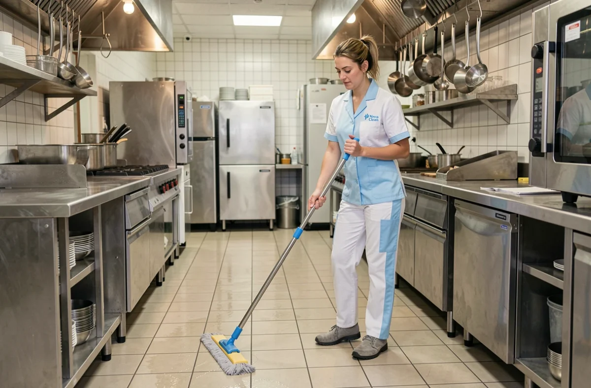 Agente Nova Clean nettoyant le sol d'une cuisine professionnelle de restaurant parisien