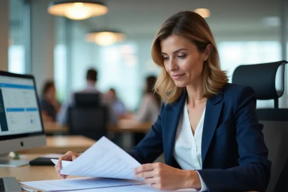 Professionnelle RH organisant des documents dans des classeurs étiquetés dans un bureau moderne