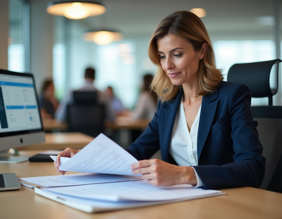 Professionnelle RH organisant des documents dans des classeurs étiquetés dans un bureau moderne