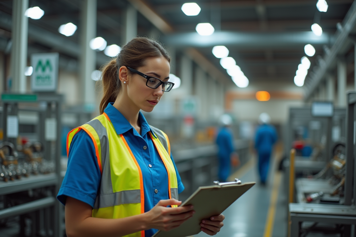 Jeune femme en uniforme vérifiant un document dans une usine durable
