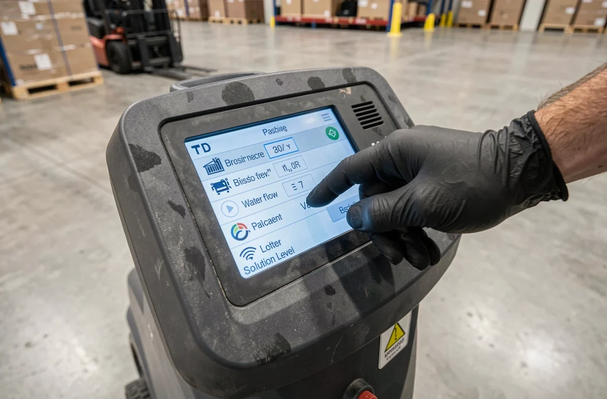 Gros plan sur le panneau de contrôle numérique d'une autolaveuse Speed Scrub Rider affichant les paramètres essentiels de réglage