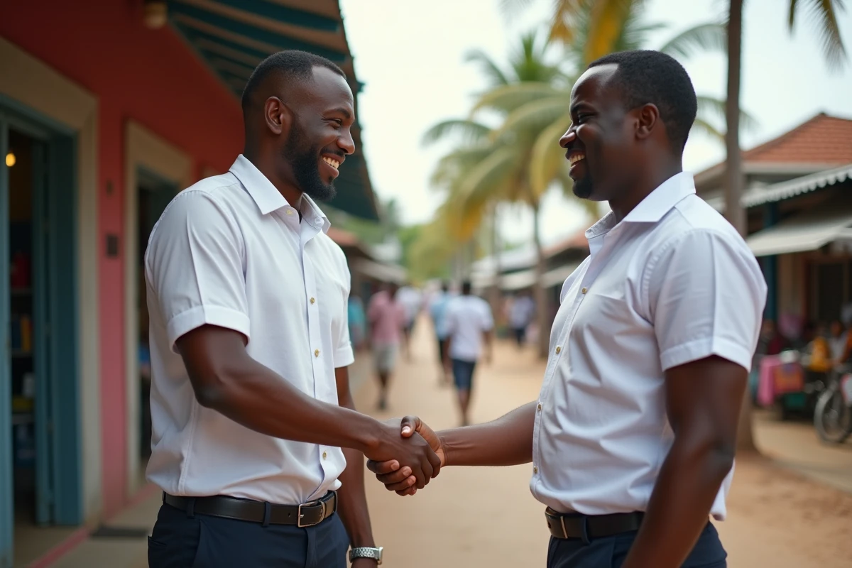 Poignée de main entre un entrepreneur et un partenaire local à Mamoudzou, symbolisant une implantation réussie à Mayotte