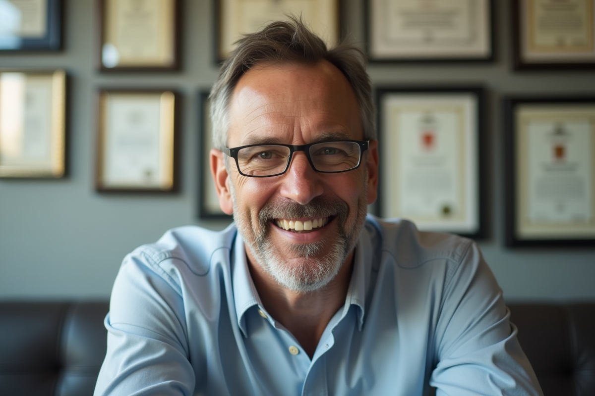 Personne fiere devant un mur de certificats encadres