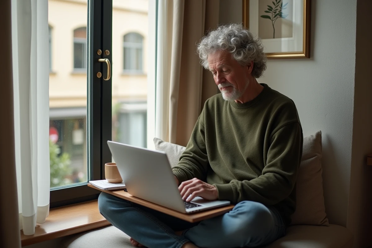Personne en télétravail depuis chez elle consultant une plateforme de négociation d'emploi sur ordinateur portable près d'une fenêtre