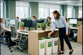 Point de tri sélectif dans un open space de bureau moderne avec une employée déposant un gobelet dans la bonne poubelle