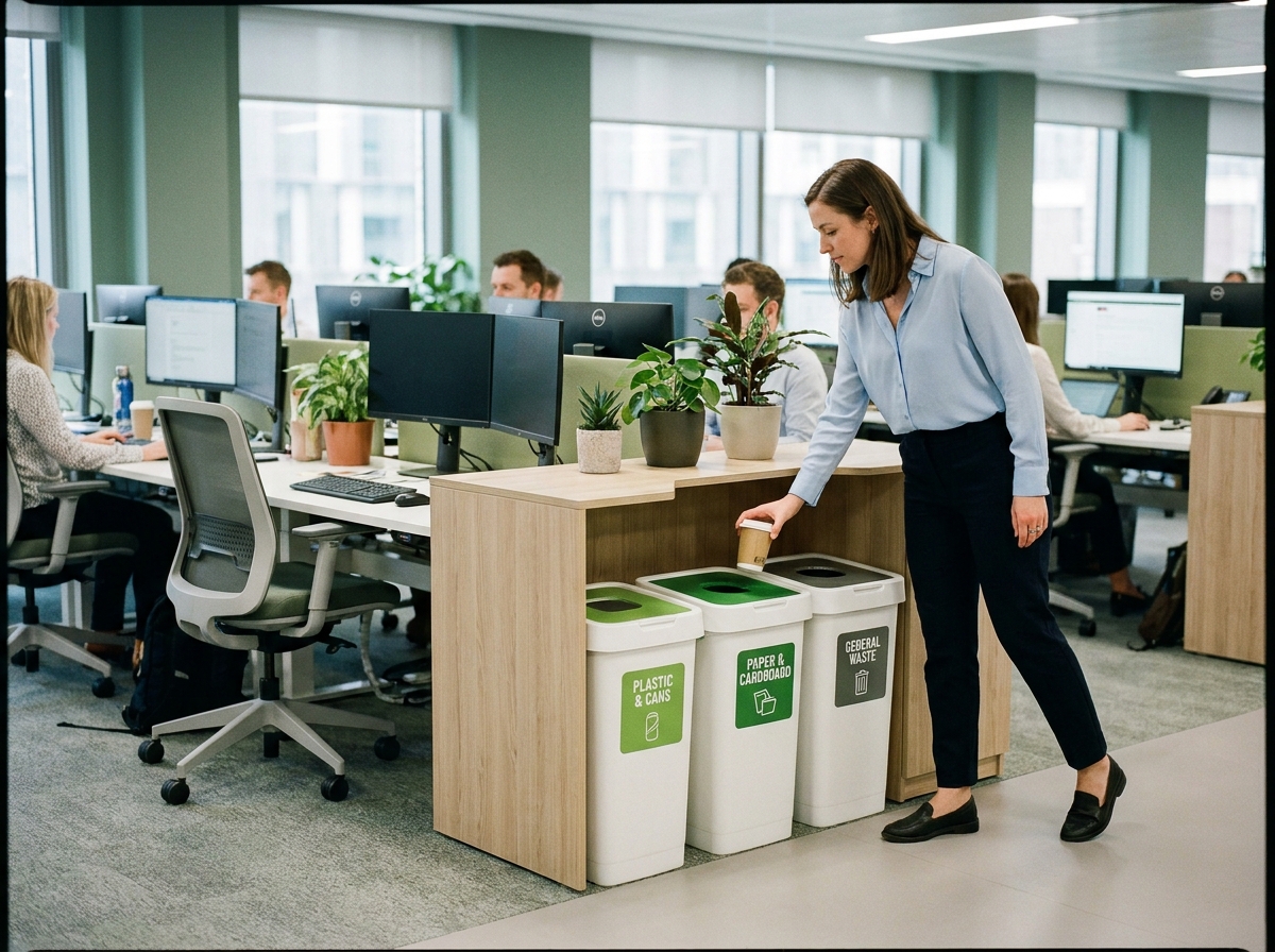 Point de tri sélectif dans un open space de bureau moderne avec une employée déposant un gobelet dans la bonne poubelle