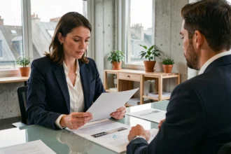 Femme consultant un prestataire de portage salarial dans un bureau moderne à Bourges