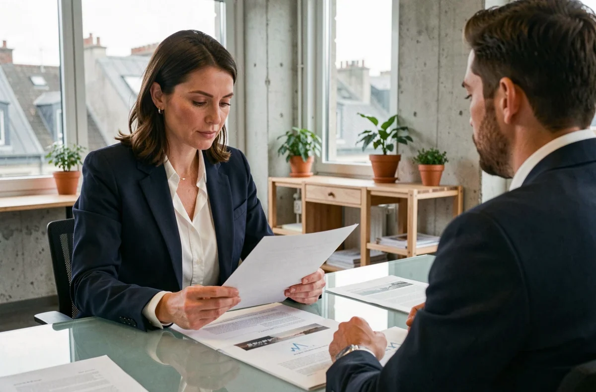 Femme consultant un prestataire de portage salarial dans un bureau moderne à Bourges