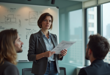 Femme confiante présentant un storyboard en réunion