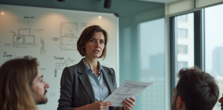 Femme confiante présentant un storyboard en réunion