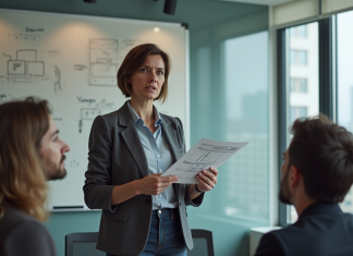 Publicité télévisée efficace : comment y parvenir ? Femme confiante présentant un storyboard en réunion