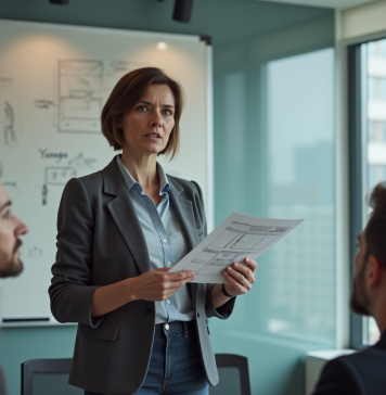Femme confiante présentant un storyboard en réunion