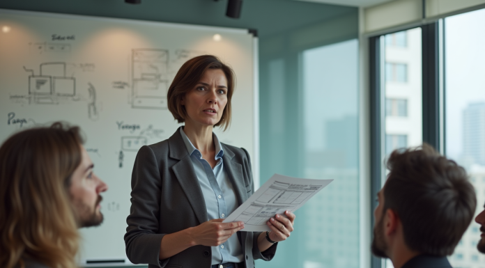 Publicité télévisée efficace : comment y parvenir ? Femme confiante présentant un storyboard en réunion