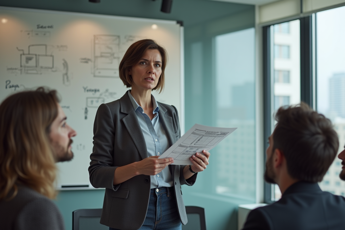 Femme confiante présentant un storyboard en réunion