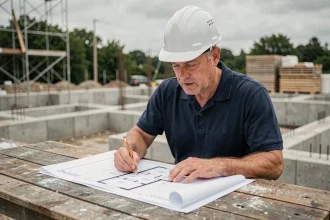Professionnel du BTP en polo bleu marine consultant des plans de construction sur un chantier résidentiel