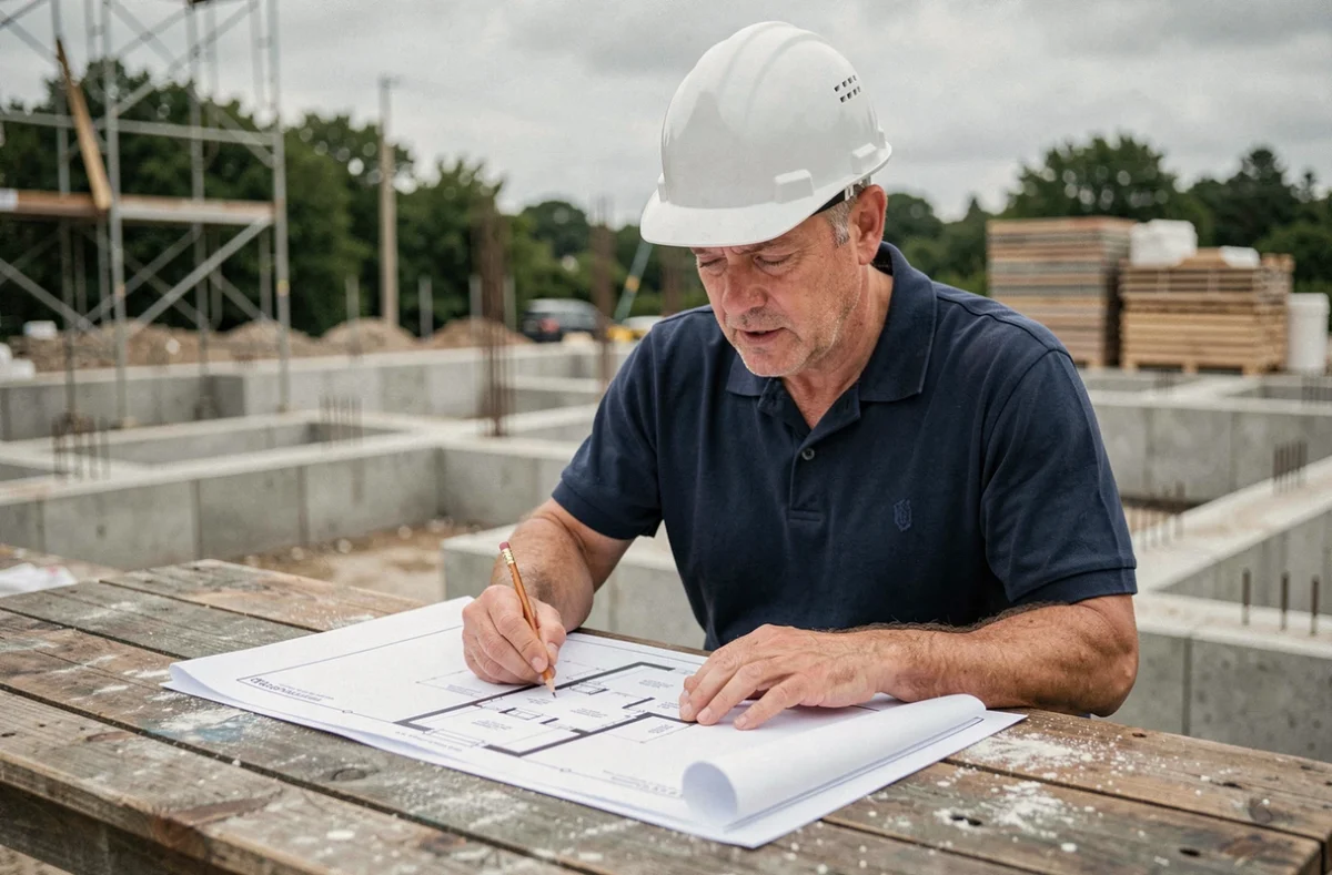 Professionnel du BTP en polo bleu marine consultant des plans de construction sur un chantier résidentiel