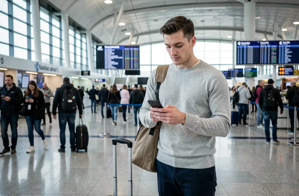 Jeune professionnel en mission à l'étranger dans un aéroport international avec bagages, illustrant la mobilité en portage salarial