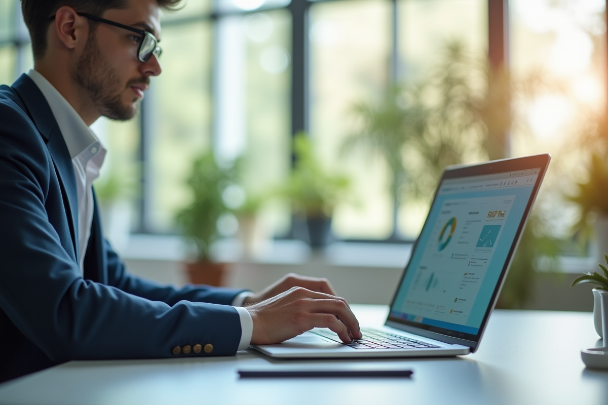 Professionnel utilisant un ordinateur portable moderne lors d'une journée lumineuse