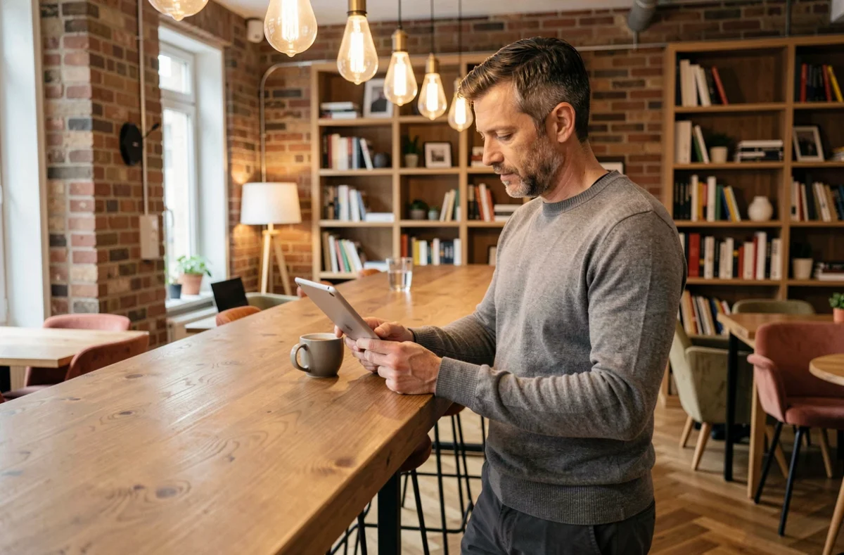 Professionnel consultant sa tablette dans un espace coworking au design chaleureux