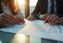 Professionnels d'affaires analysant un document juridique en réunion