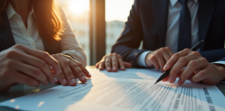 Professionnels d'affaires analysant un document juridique en réunion