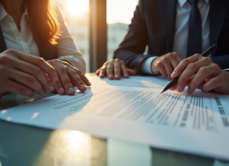 Professionnels d'affaires analysant un document juridique en réunion