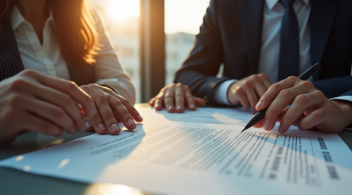 Professionnels d'affaires analysant un document juridique en réunion