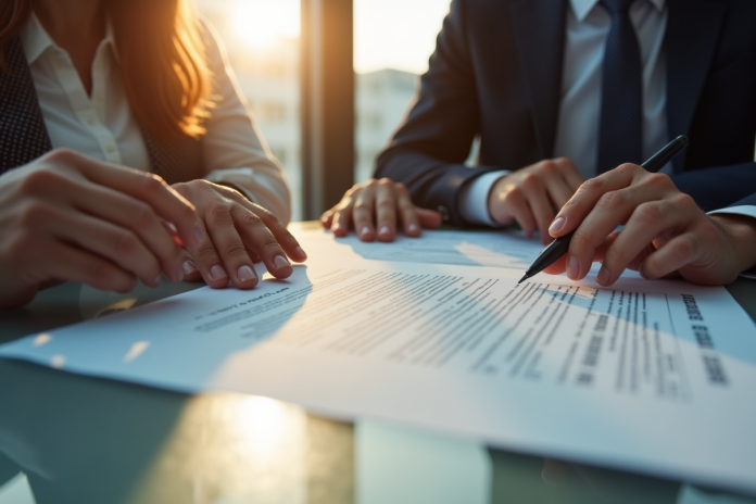 Professionnels d'affaires analysant un document juridique en réunion